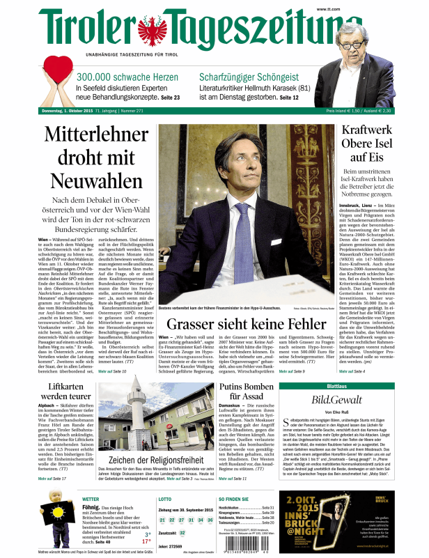 Titelseite der Tiroler Tageszeitung vom 1. Oktober 2015.