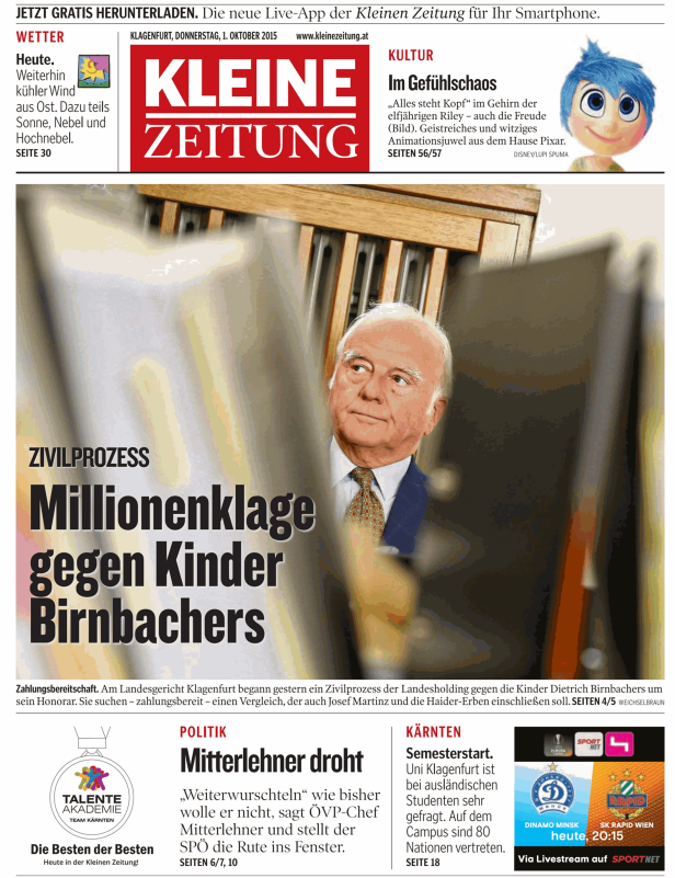 Titelseite der Kleinen Zeitung mit einem Artikel über eine Millionenklage gegen die Kinder Birnbachers.
