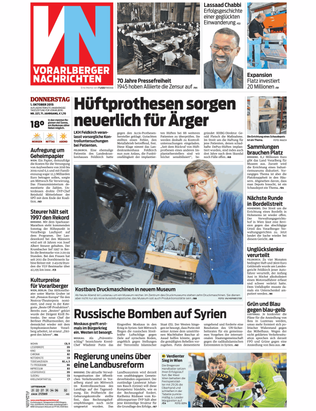 Titelseite der Vorarlberger Nachrichten vom 1. Oktober 2015.