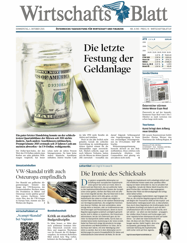 Einmachglas gefüllt mit US-Dollar-Scheinen, auf der Titelseite des Wirtschaftsblatts.