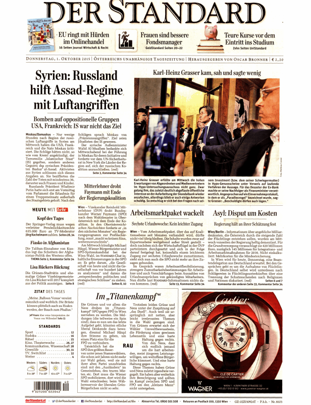 Titelseite der Zeitung „Der Standard“ vom 1. Oktober 2015.