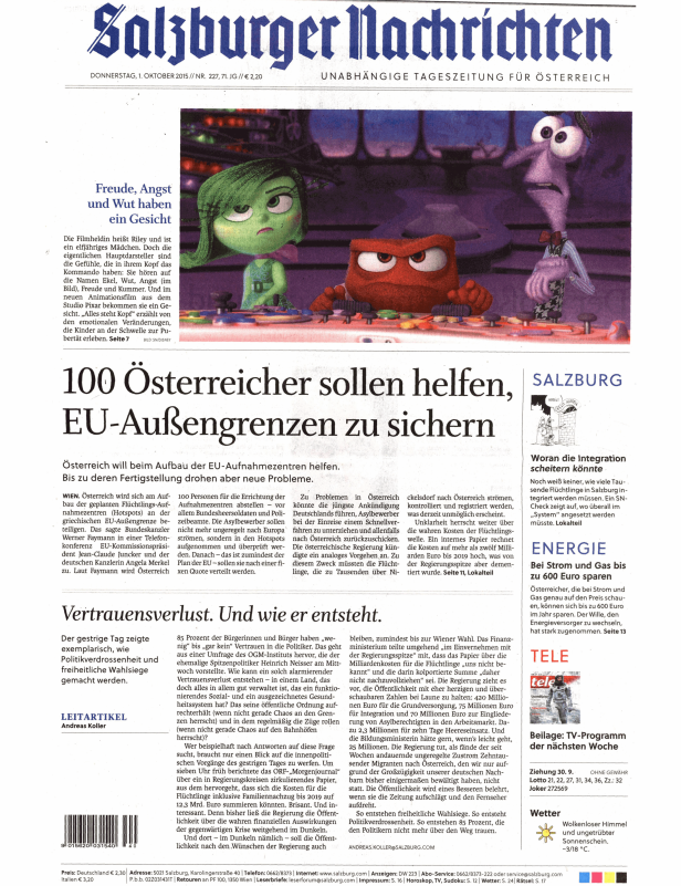 Titelseite der „Salzburger Nachrichten“ vom 1. Oktober 2015 mit Artikeln über EU-Außengrenzen und den Film „Alles steht Kopf“.