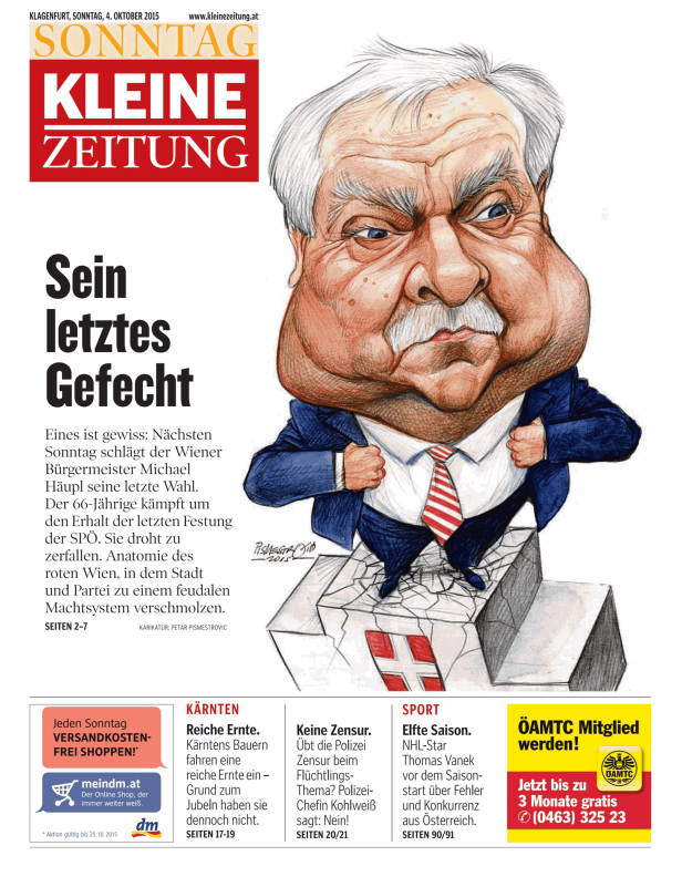 Karikatur von Michael Häupl, dem Wiener Bürgermeister, auf einem bröckelnden Podest mit österreichischen Farben.