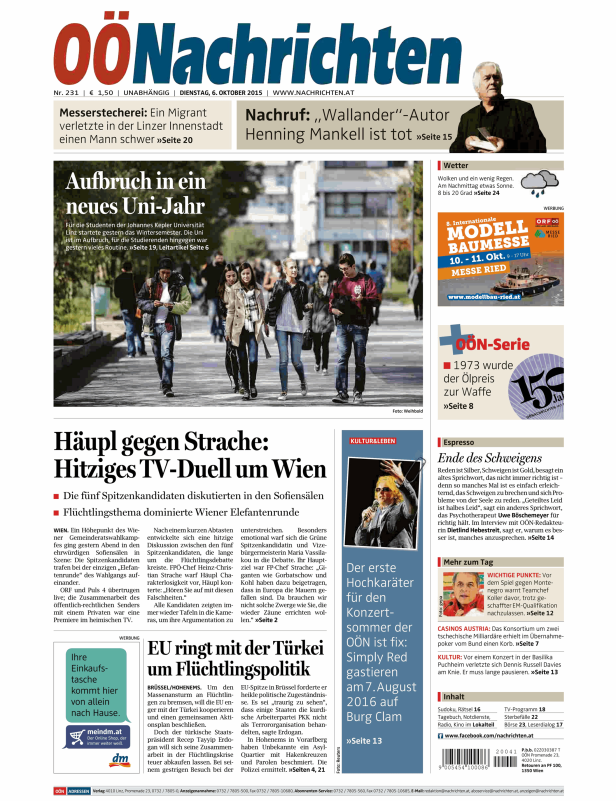 Titelseite der OÖNachrichten vom 6. Oktober 2015.