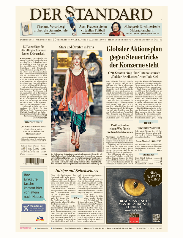 Titelseite der Zeitung „Der Standard“ vom 6. Oktober 2015 mit einer Modeaufnahme.