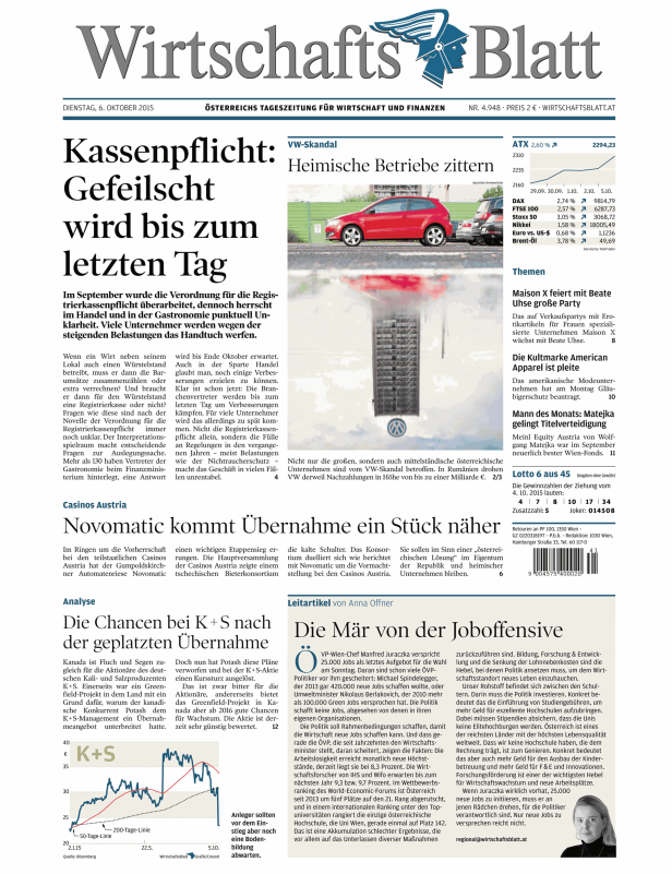 Titelseite des Wirtschaftsblatt vom 6. Oktober 2015 mit Artikeln zu Wirtschaftsthemen.