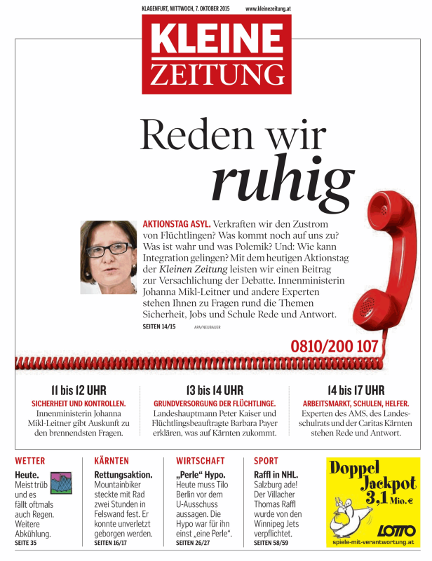 Titelseite der „Kleinen Zeitung“ vom 7. Oktober 2015 mit Artikeln zu Asyl, Rettungsaktionen und Sport.