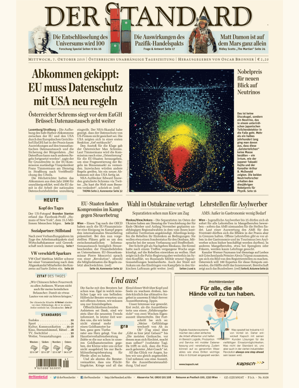 Titelseite der Zeitung „Der Standard“ vom 7. Oktober 2015.