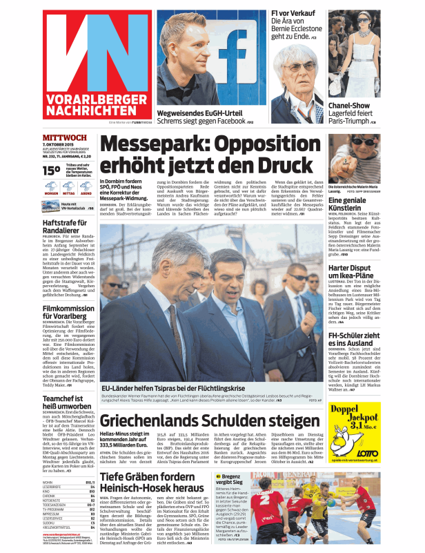 Titelseite der Vorarlberger Nachrichten vom 7. Oktober 2015 mit verschiedenen Artikeln.