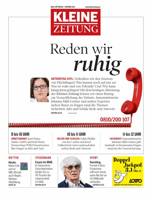 Titelseite der Kleinen Zeitung vom 7. Oktober 2015 mit Artikeln zu Asyl, Arbeitsmarkt und Essen im Müll.