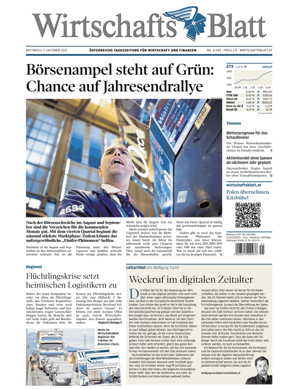Titelseite des Wirtschaftsblatt vom 7. Oktober 2015 mit dem Titel „Börsenampel steht auf Grün“.