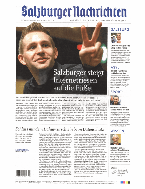 Titelseite der Salzburger Nachrichten mit einem Artikel über Max Schrems und Datenschutz.