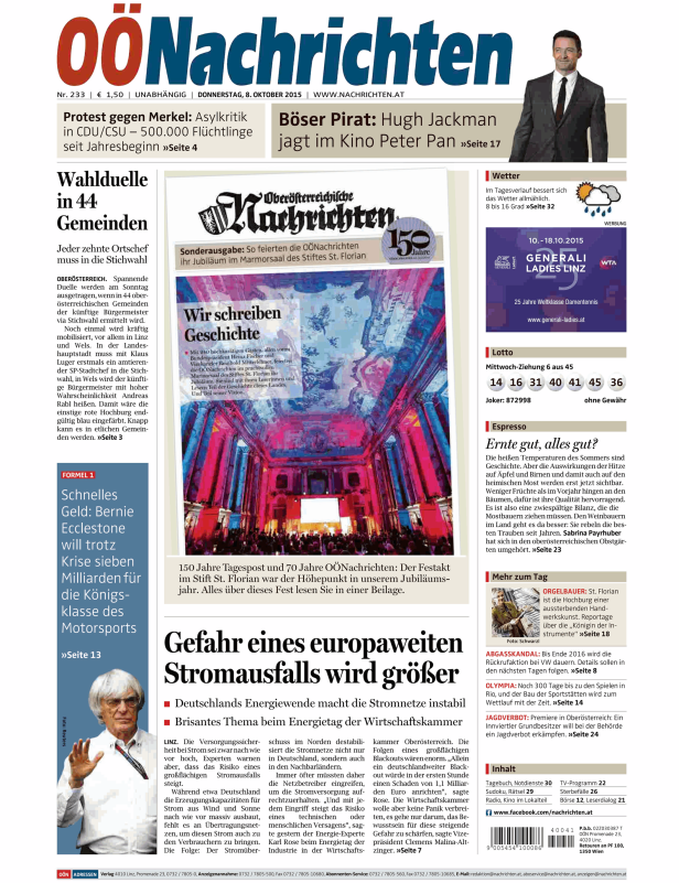 Titelseite der Oberösterreichischen Nachrichten vom 8. Oktober 2015.