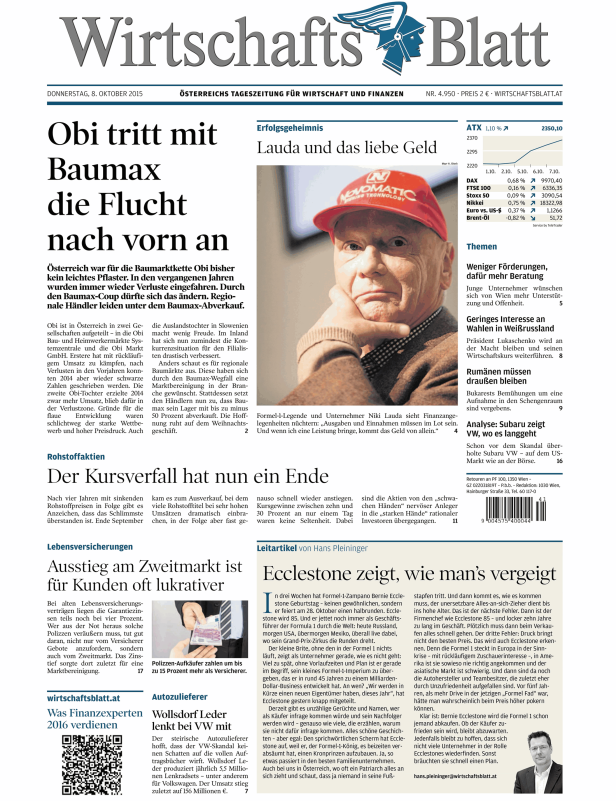 Titelseite des Wirtschaftsblatt vom 8. Oktober 2015.