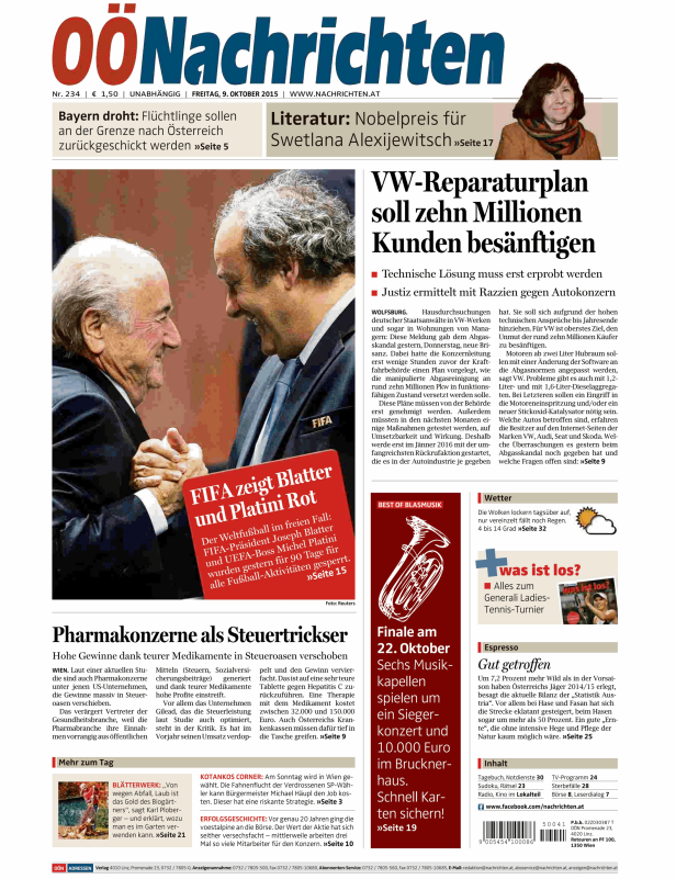 Titelseite der OÖ Nachrichten vom 9. Oktober 2015 mit den Schlagzeilen zu FIFA, VW und Pharmakonzernen.