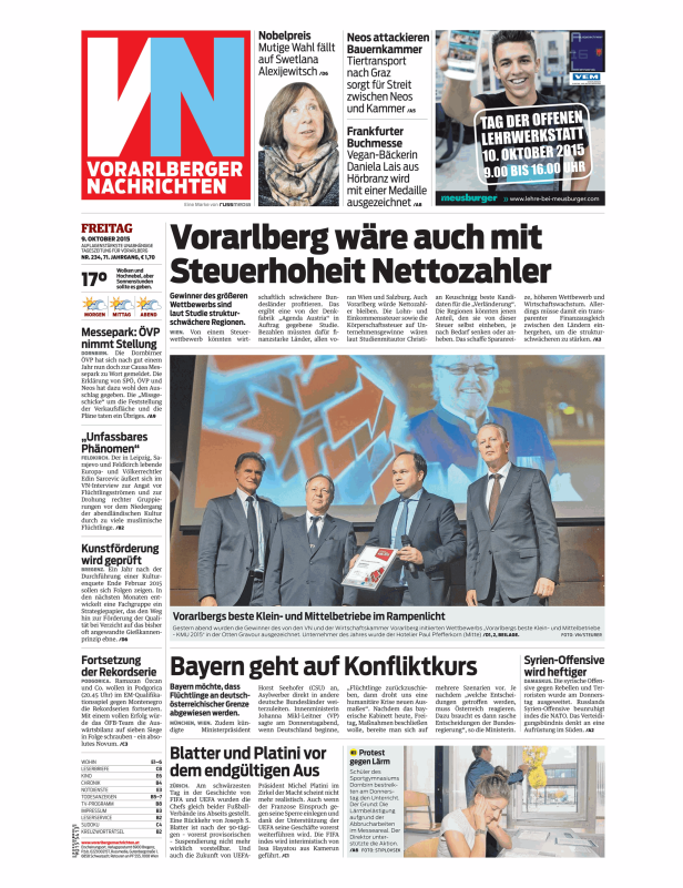 Eine Zeitungsseite der Vorarlberger Nachrichten vom 9. Oktober 2015.
