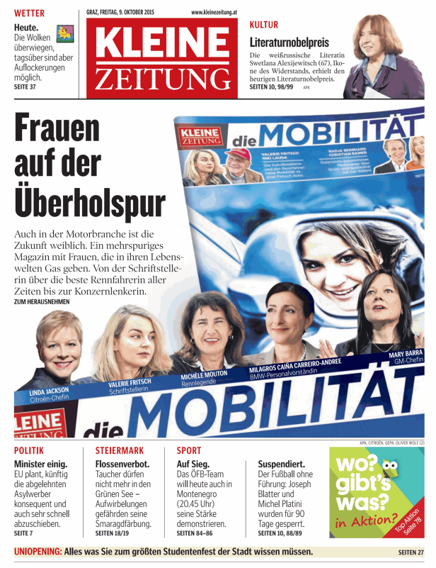 Titelseite der Kleinen Zeitung vom 9. Oktober 2015 mit Artikeln über Frauen in der Automobilbranche und Mobilität.