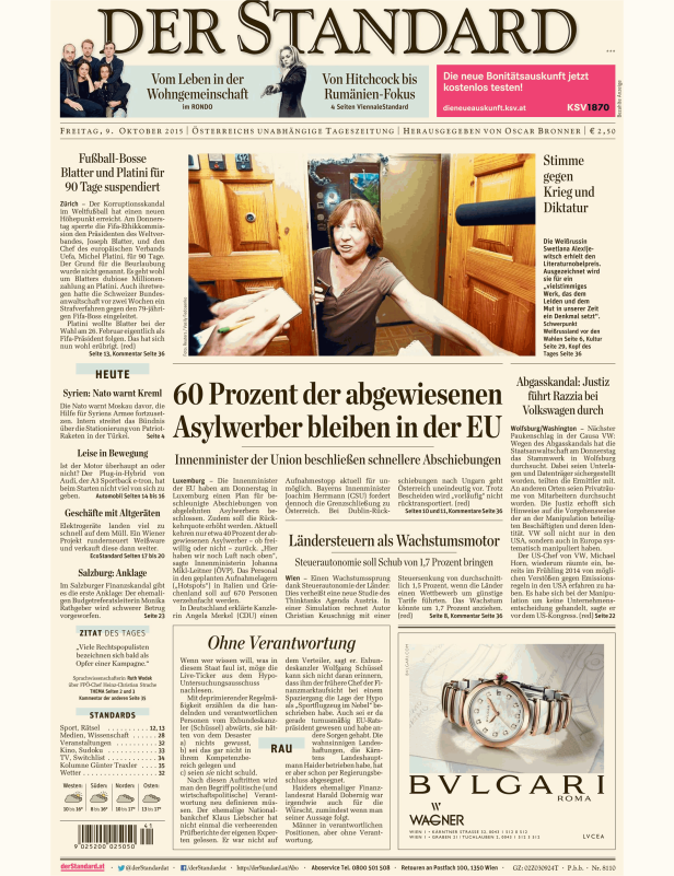 Titelseite der Zeitung „Der Standard“ vom 9. Oktober 2015.