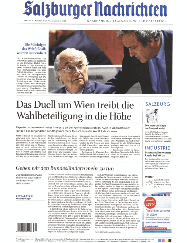 Titelseite der Salzburger Nachrichten vom 9. Oktober 2015.