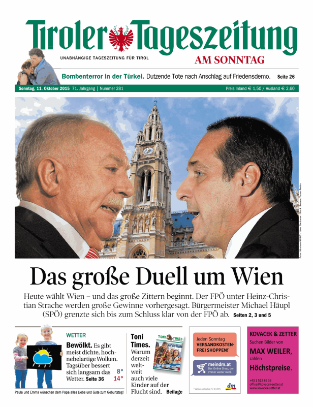 Titelseite der Tiroler Tageszeitung mit einem Artikel über die Wahl in Wien.