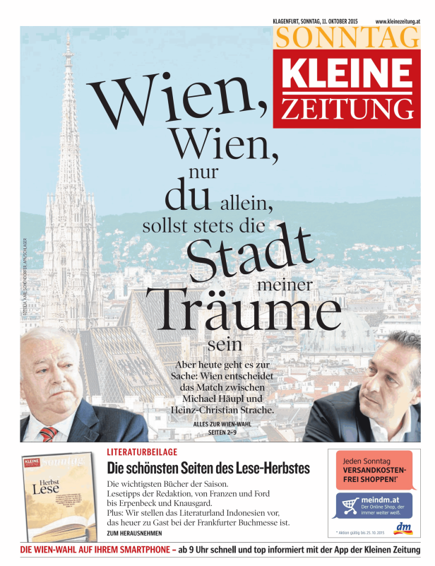 Titelseite der Kleinen Zeitung vom 11. Oktober 2015 mit dem Titel „Wien, Wien, nur du allein“.
