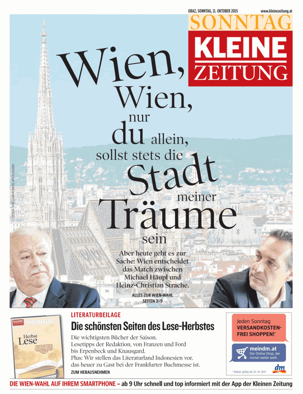 Titelseite der „Kleinen Zeitung“ vom 11. Oktober 2015 mit dem Wiener Stephansdom im Hintergrund.