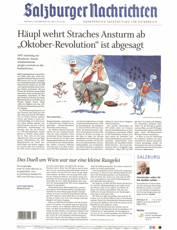 Karikatur in den Salzburger Nachrichten über die Wiener Gemeinderatswahl 2015.