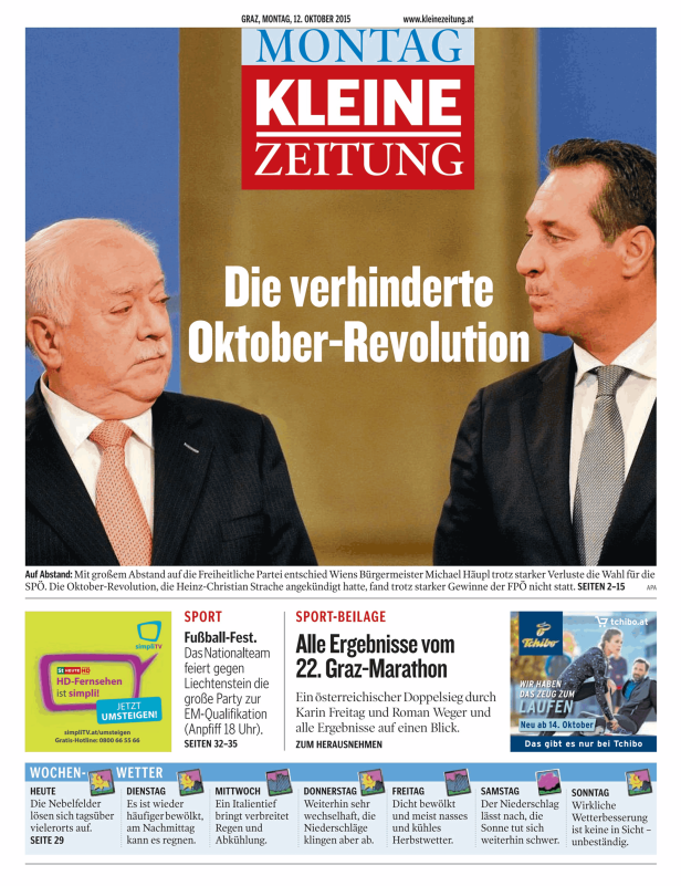 Titelseite der Kleinen Zeitung vom 12. Oktober 2015 mit dem Titel „Die verhinderte Oktober-Revolution“.