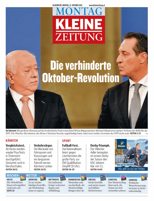 Titelseite der Kleinen Zeitung vom 12. Oktober 2015 mit dem Titel „Die verhinderte Oktober-Revolution“.