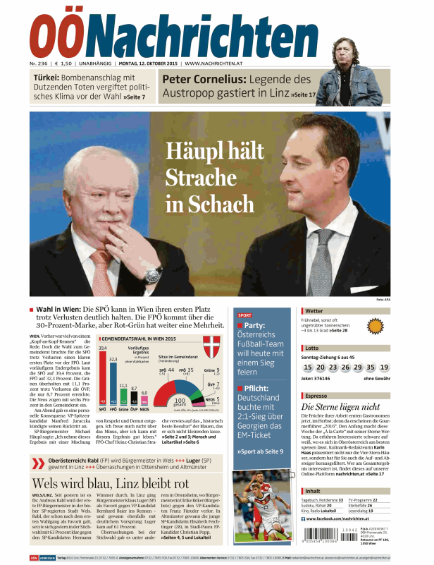 Titelseite der OÖNachrichten vom 12. Oktober 2015 mit den Themen Wien-Wahl und Bürgermeisterwahlen in Oberösterreich.