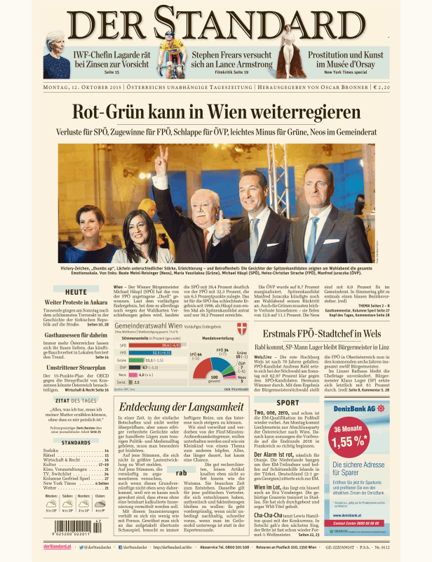 Titelseite der Zeitung „Der Standard“ vom 12. Oktober 2015 mit dem Titel „Rot-Grün kann in Wien weiterregieren“.