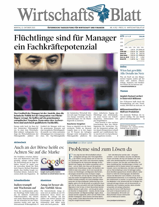 Titelseite des „Wirtschaftsblatt“ vom 12. Oktober 2015 zum Thema Flüchtlinge als Fachkräftepotenzial.