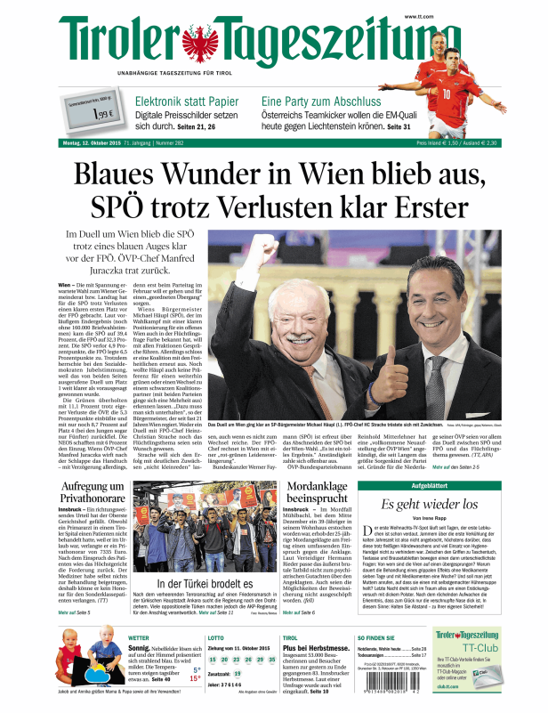 Titelseite der Tiroler Tageszeitung vom 12. Oktober 2015.