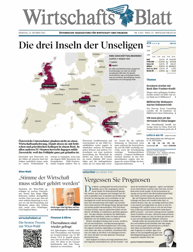 Eine Karte Europas zeigt die KMU-Geschäftsklimaindizes, wobei Österreich, Großbritannien und Griechenland negativ hervorgehoben sind.