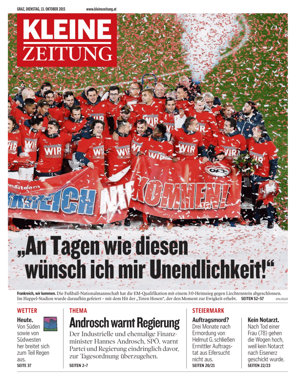Titelseite der Kleinen Zeitung vom 13. Oktober 2015 mit feiernder Fußballnationalmannschaft.