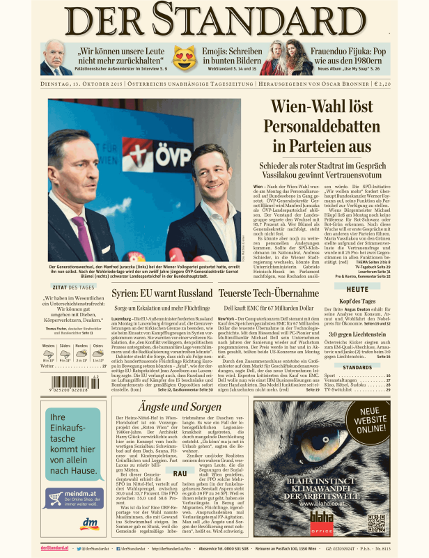 Titelseite der Zeitung „Der Standard“ vom 13. Oktober 2015.