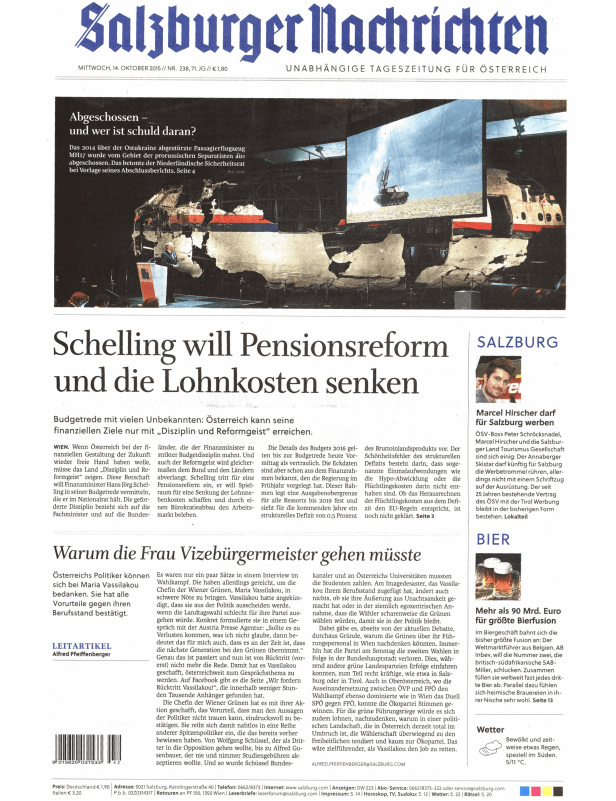 Titelseite der Salzburger Nachrichten vom 14. Oktober 2015.
