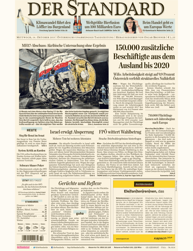 Titelseite der österreichischen Zeitung „Der Standard“ vom 14. Oktober 2015.