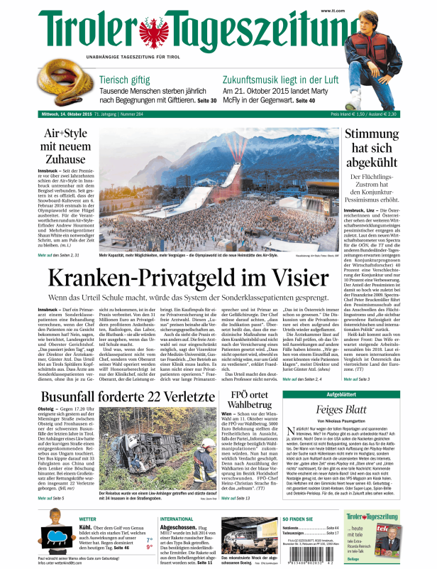Titelseite der Tiroler Tageszeitung vom 14. Oktober 2015.
