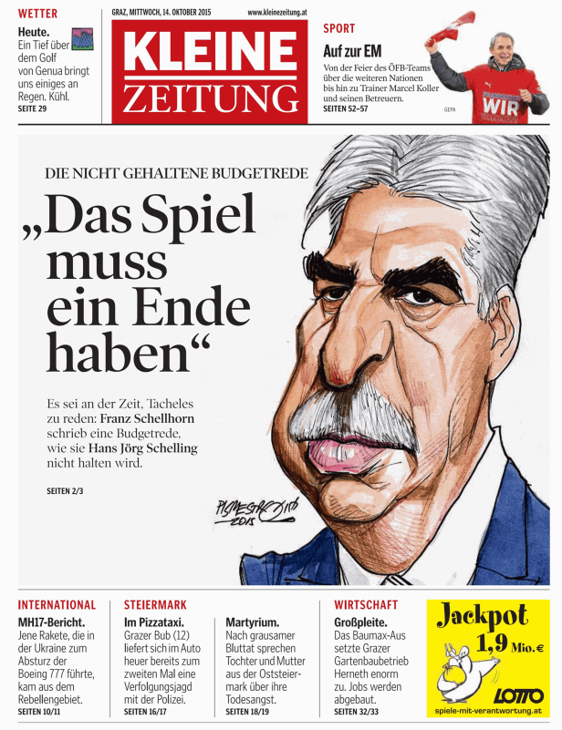Karikatur von Franz Schellhorn auf der Titelseite der Kleinen Zeitung.