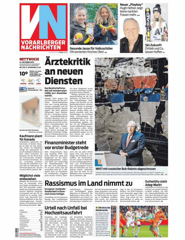 Titelseite der Vorarlberger Nachrichten vom 14. Oktober 2015.