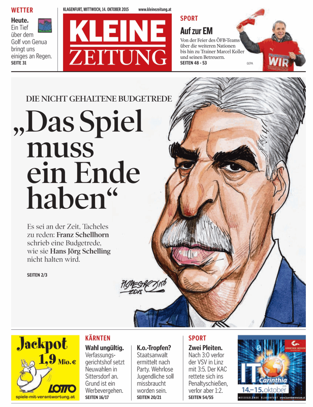 Karikatur von Hans Jörg Schelling auf der Titelseite der Kleinen Zeitung.