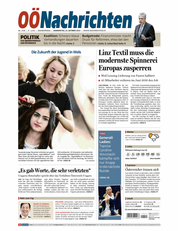 Titelseite der OÖNachrichten vom 15. Oktober 2015.