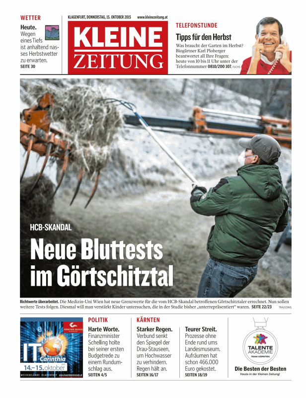 Titelseite der Kleinen Zeitung vom 15. Oktober 2015 mit Artikeln zu Wetter, HCB-Skandal und Politik.