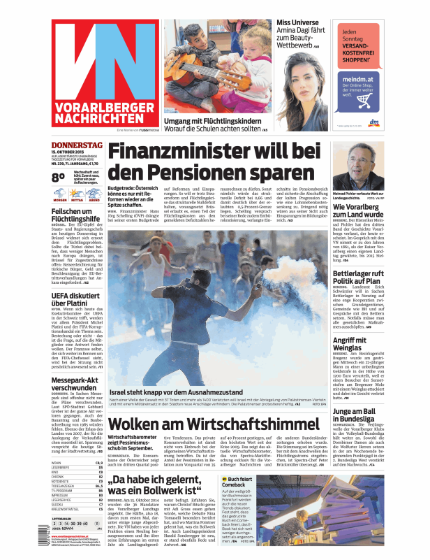 Titelseite der Vorarlberger Nachrichten vom 15. Oktober 2015.