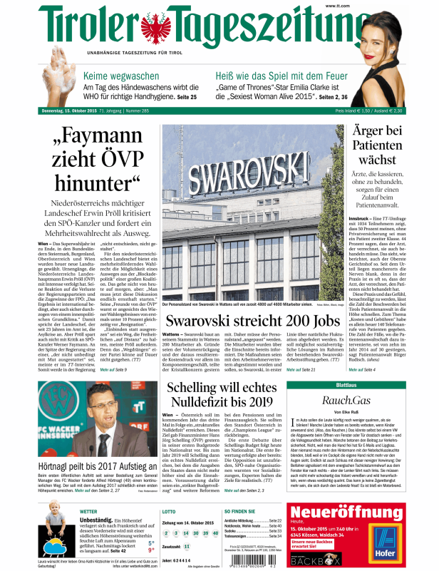 Titelseite der Tiroler Tageszeitung vom 15. Oktober 2015.