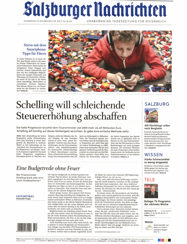 Titelseite der Salzburger Nachrichten vom 15. Oktober 2015.