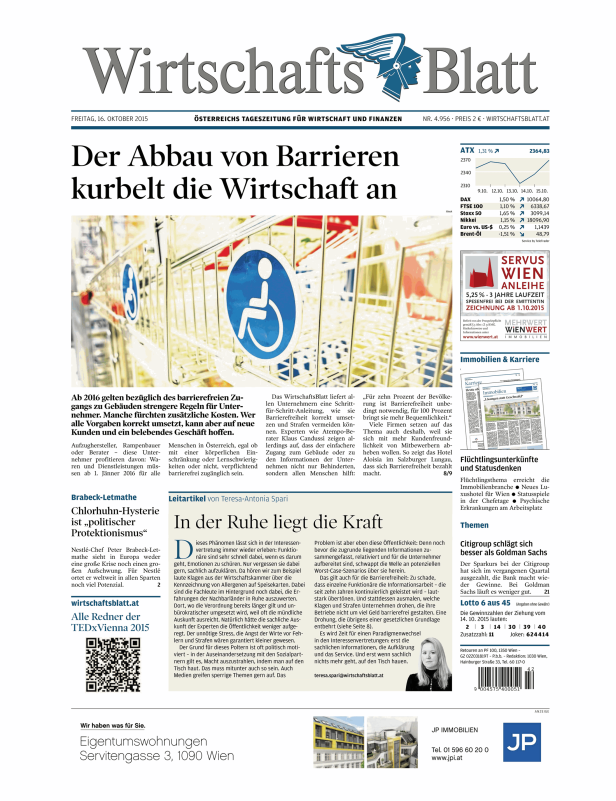 Titelseite des WirtschaftsBlatt vom 16. Oktober 2015 zum Thema Barrierefreiheit.