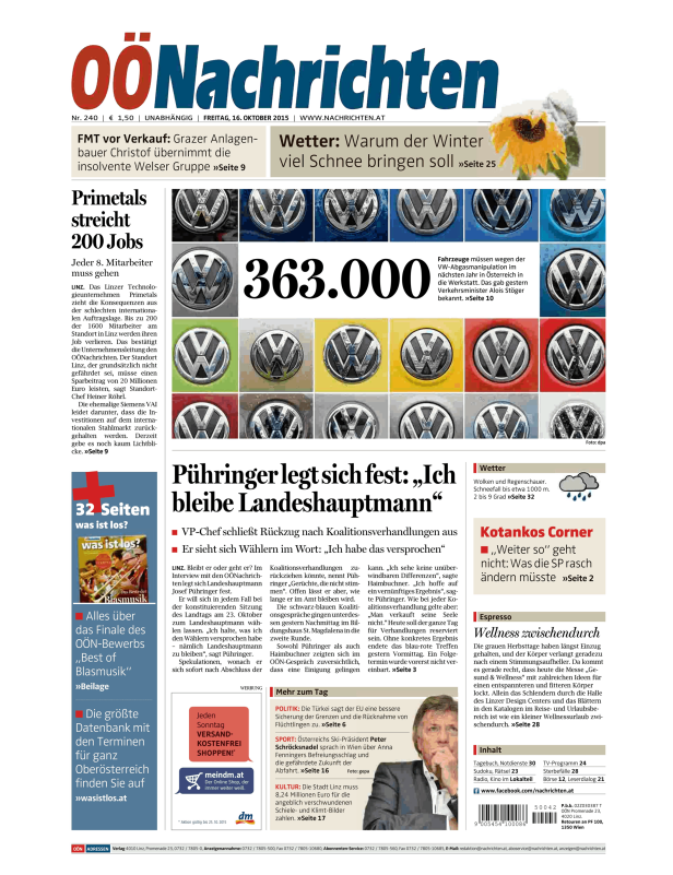 Titelseite der OÖNachrichten vom 16. Oktober 2015 mit Artikeln zu VW, Politik und Wetter.
