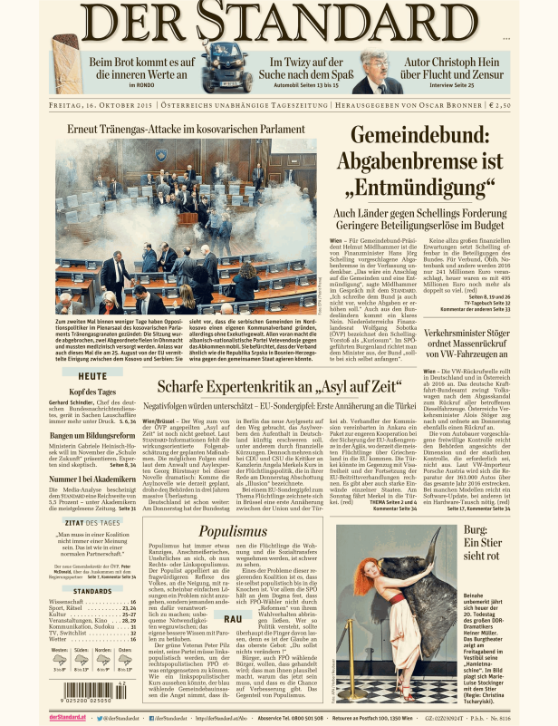 Titelseite der Zeitung „Der Standard“ vom 16. Oktober 2015 mit Berichten über Tränengas im kosovarischen Parlament und andere Themen.
